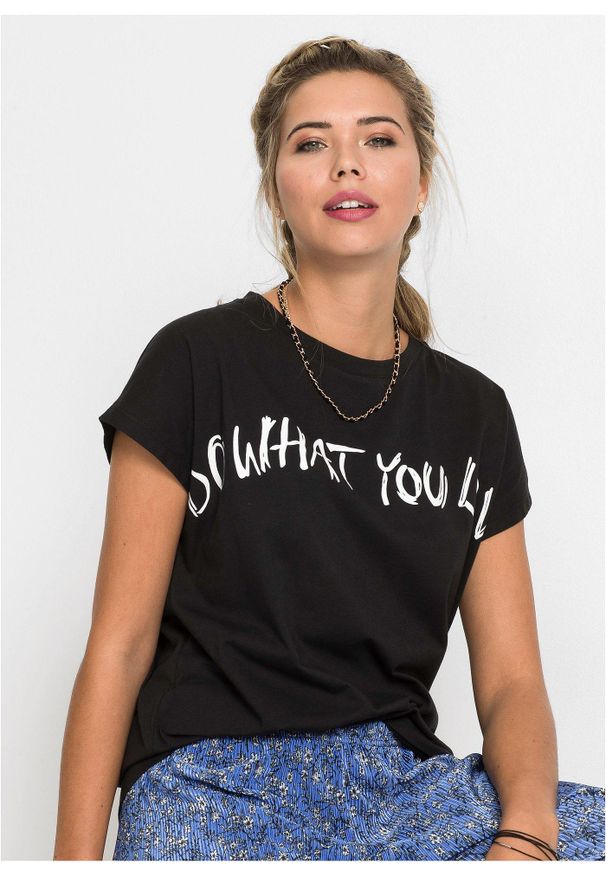 bonprix - T-shirt oversize z czystej bawełny organicznej. Kolor: czarny. Materiał: bawełna. Wzór: nadruk