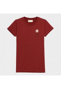 outhorn - T-shirt z nadrukiem damski - czerwony. Okazja: na co dzień. Kolor: czerwony. Materiał: jersey, bawełna. Wzór: nadruk. Styl: casual, klasyczny