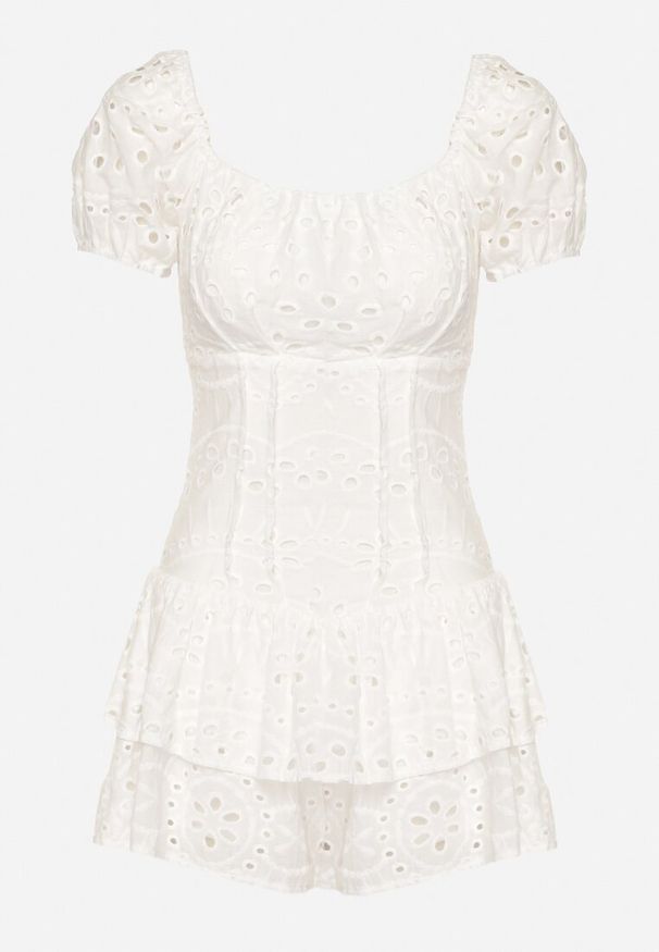 Born2be - Biały Koronkowy Kombinezon z Bawełny o Rozkloszowanym Fasonie Asicarda. Kolor: biały. Materiał: bawełna, koronka. Długość rękawa: krótki rękaw. Długość: krótkie