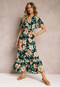 Renee - Granatowa Rozkloszowana Sukienka Maxi z Gumkami w Talii i Falbankami Tayte. Typ kołnierza: kołnierz z falbankami. Kolor: niebieski. Materiał: tkanina. Długość rękawa: krótki rękaw. Typ sukienki: kopertowe. Długość: maxi #5