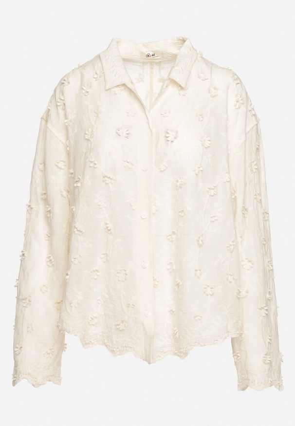 Born2be - Beżowa Trapezowa Haftowana Koszula z Bawełną Elivna. Typ kołnierza: dekolt w kształcie V. Kolor: beżowy. Materiał: bawełna. Długość rękawa: długi rękaw. Długość: długie. Wzór: haft. Styl: elegancki