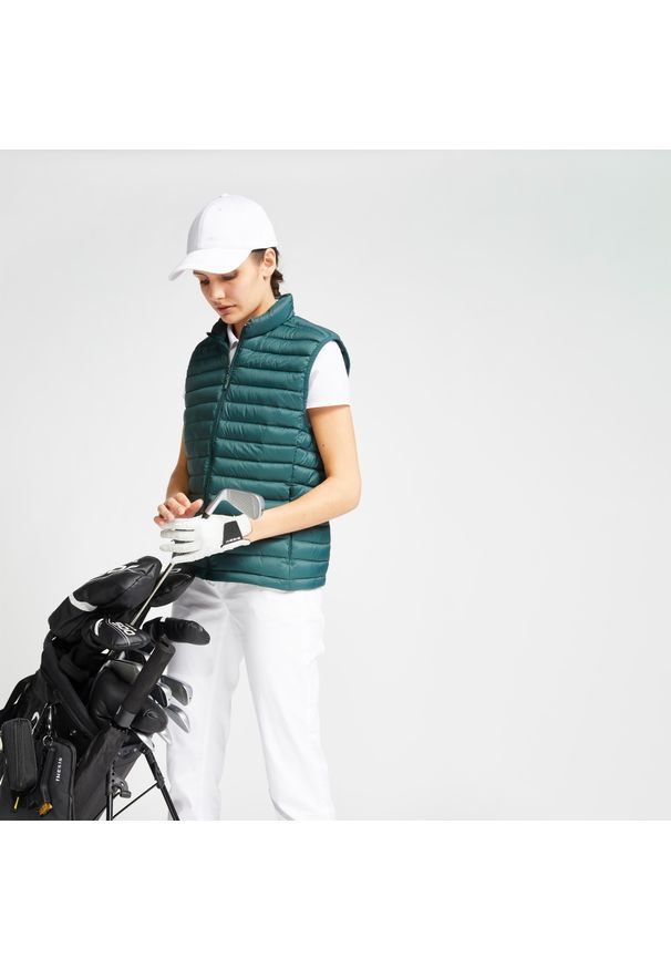 INESIS - Kamizelka do golfa damska Inesis MW500 puchowa. Typ kołnierza: golf. Kolor: zielony. Materiał: puch. Długość rękawa: bez rękawów. Sport: golf