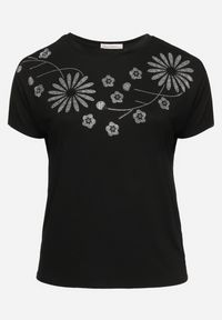 Born2be - Czarny Bawełniany T-shirt Nietoperz Ozdobiony Cyrkoniami Rinada. Kolor: czarny. Materiał: bawełna. Wzór: aplikacja. Styl: klasyczny #6