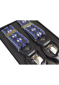 Modini - Czarne szelki na guziki w granatowe i szare romby G27. Kolor: szary, czarny, wielokolorowy, niebieski. Materiał: skóra, guma #1