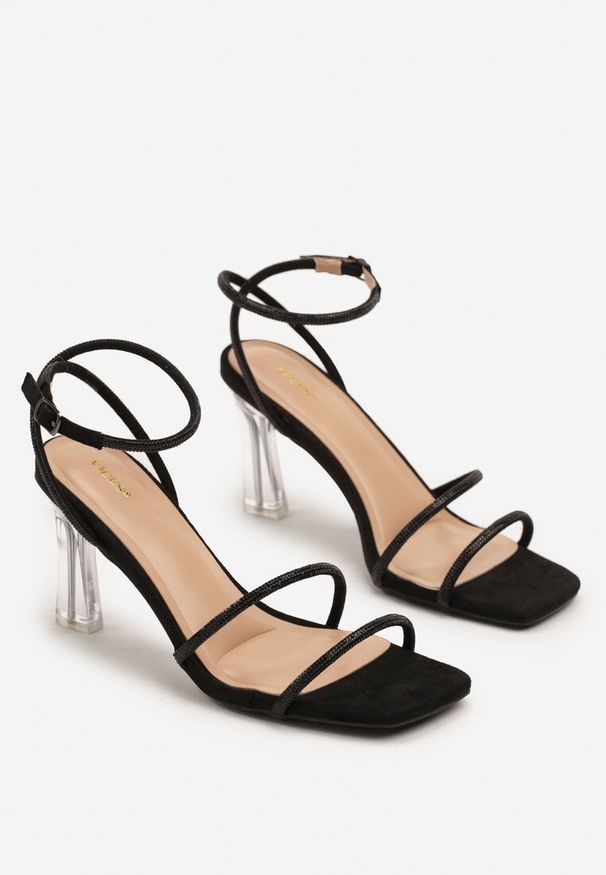 Born2be - Czarne Sandały Vices na Transparentnej Szpilce z Cyrkoniami Natirena. Zapięcie: sprzączka. Kolor: czarny. Styl: elegancki, glamour