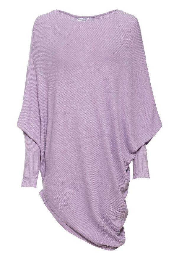 Sweter oversize z asymetrycznym dołem bonprix w kolorze bzu. Kolor: fioletowy. Wzór: prążki