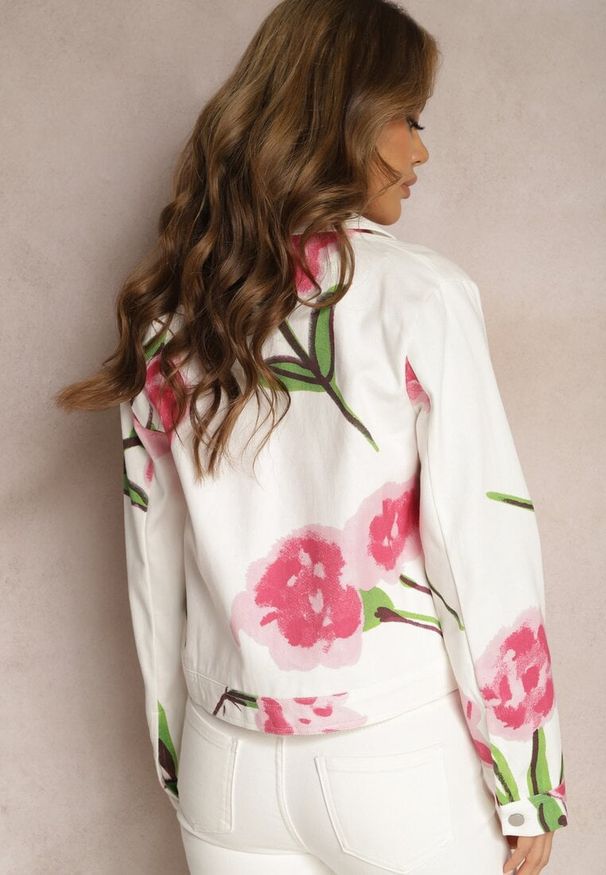 Renee - Beżowo-Różowa Kurtka Jeansowa z Bawełny we Florystyczny Print Arielapa. Okazja: na co dzień. Kolor: beżowy. Materiał: bawełna, jeans. Wzór: nadruk. Styl: casual