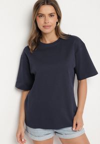 Born2be - Granatowy Bawełniany Klasyczny T-shirt Merovira. Kolor: niebieski. Materiał: bawełna. Styl: klasyczny