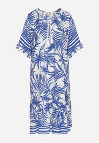 Born2be - Niebieska Sukienka o Pudełkowym Kroju z Wiązaniem przy Dekolcie w Roślinny Wzór Mirionela. Kolor: niebieski. Długość rękawa: krótki rękaw #3