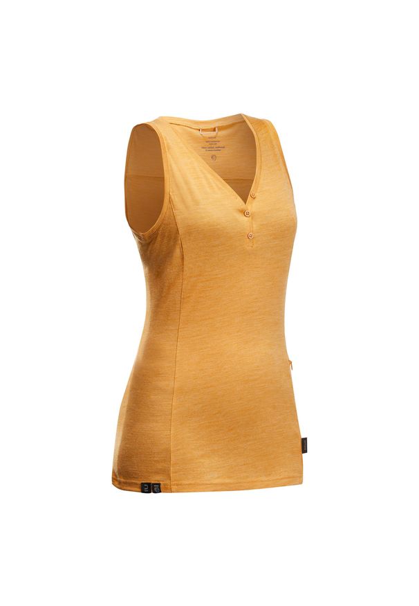 FORCLAZ - Koszulka trekkingowa damska na ramiączkach, Forclaz Travel 500 Merino. Kolor: pomarańczowy. Materiał: materiał, wełna, akryl, poliamid. Długość rękawa: na ramiączkach. Sezon: zima, lato