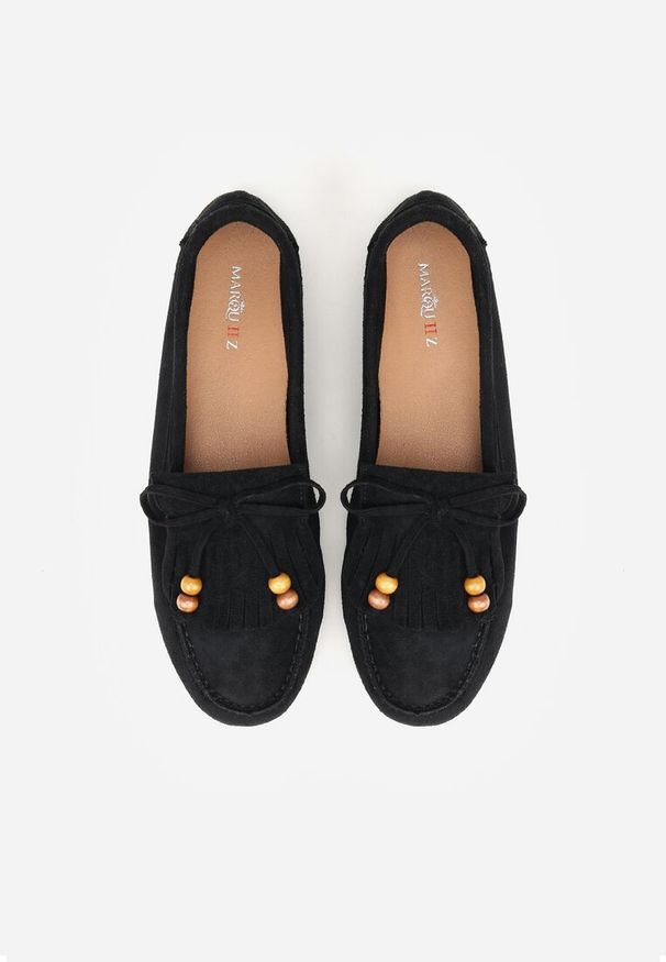 Born2be - Czarne Mokasyny Ozdobione Frędzlami Kokardą i Koralikami Woodswift. Okazja: na co dzień. Kolor: czarny. Materiał: jeans. Wzór: aplikacja. Styl: klasyczny, casual, elegancki