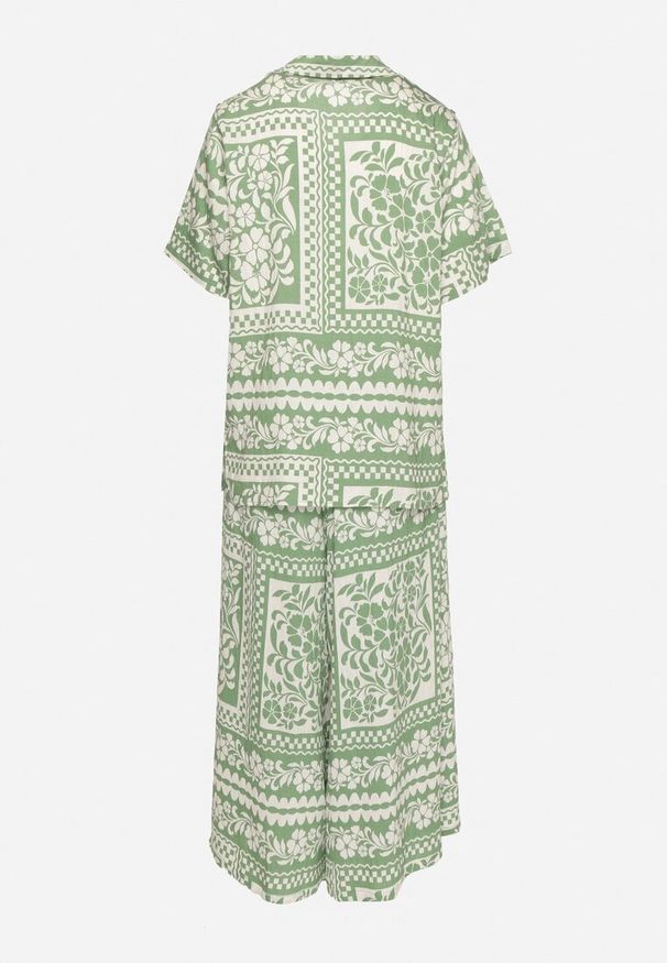 Born2be - Jasnozielony Komplet z Wiskozą z Kwiatowym Motywem Koszula i Spodnie Sonaniella. Kolor: zielony. Materiał: wiskoza. Wzór: kwiaty