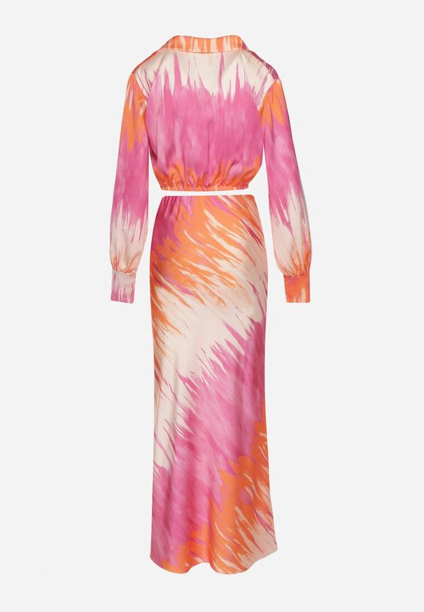 Born2be - Fuksjowo-Pomarańczowy Letni Komplet Krótka Koszula z Przeplatanym Dekoltem Spódnica z Gumką w Pasie Wedna. Kolor: różowy. Materiał: tkanina