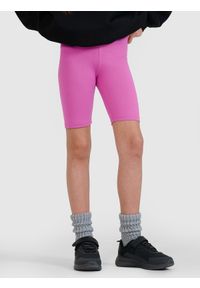 4f - 4F Legginsy kolarki dzianinowe dziewczęce - różowe 158 (12-13 lat). Okazja: na co dzień. Stan: podwyższony. Kolor: różowy. Materiał: dzianina. Długość: krótkie. Wzór: gładki, ze splotem. Sezon: lato. Styl: casual, sportowy #2