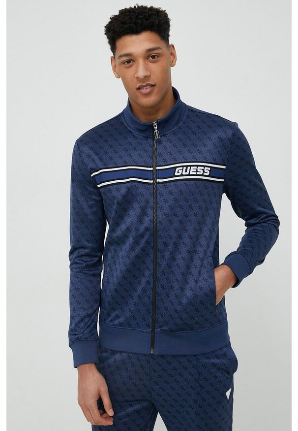 Guess bluza męska kolor granatowy z aplikacją. Kolor: niebieski. Materiał: dzianina. Wzór: aplikacja
