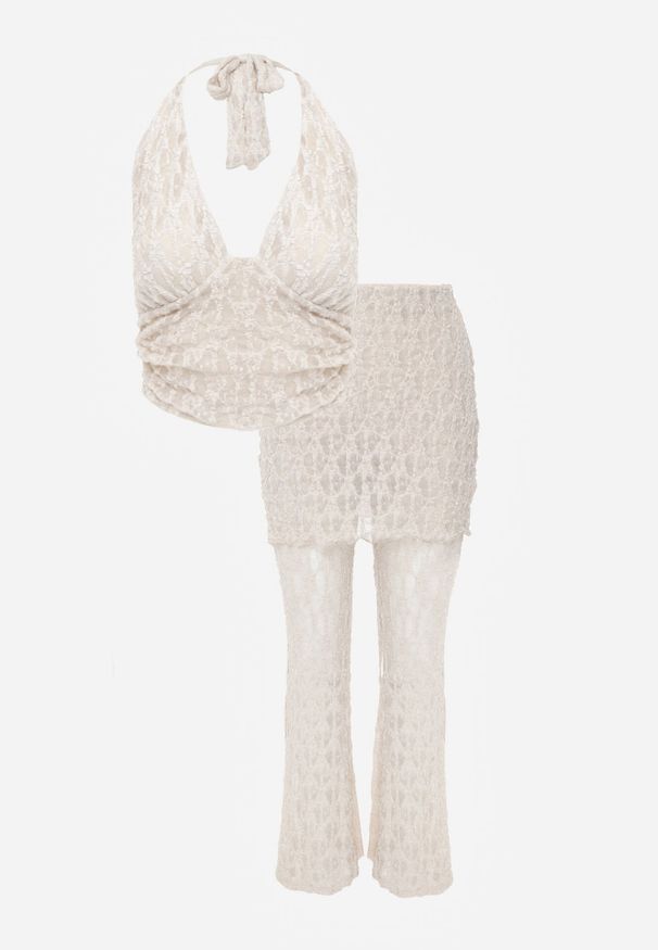 Born2be - Beżowy Koronkowy Komplet Top z Odkrytymi Plecami i Spodnie z Imitacją Spódnicy Romine. Kolor: beżowy. Materiał: koronka. Wzór: koronka
