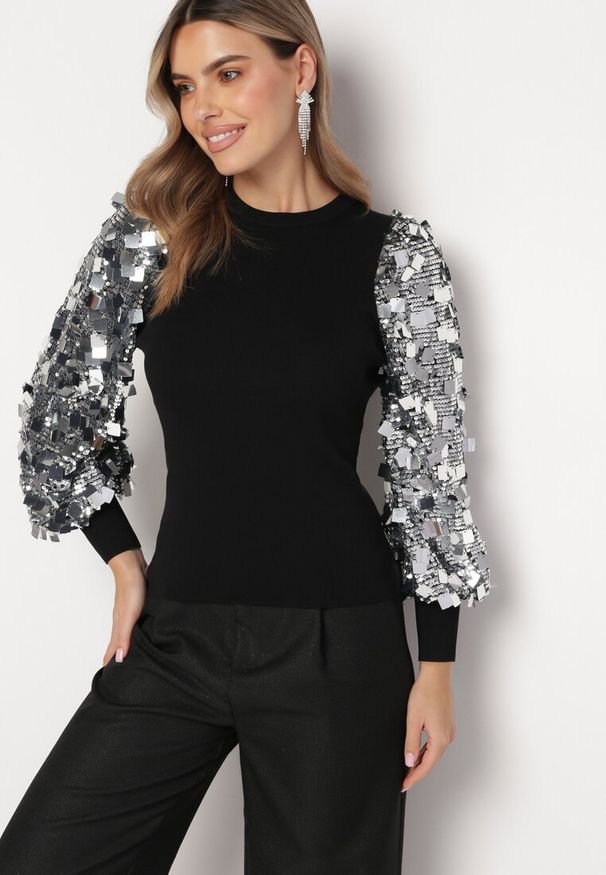 Born2be - Czarno-Srebrna Bluzka z Bufiastymi Rękawami z Cekinami i Metalicznym Wykończeniem Rubira. Kolor: czarny