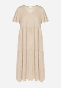 Born2be - Jasnobeżowa Wiskozowa Sukienka Rozkloszowana z Dekoltem V Natilenia. Okazja: na co dzień. Kolor: beżowy. Materiał: wiskoza. Styl: elegancki, casual, klasyczny #4