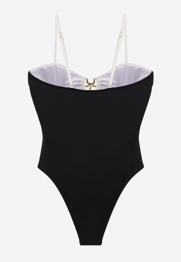 Renee - Biało-Czarny Jednoczęściowy Strój Kąpielowy Na Cienkich Ramiączkach ze Złotymi Ozdobami i Wycięciami Nonanoe. Kolekcja: plus size. Kolor: biały. Materiał: jeans. Wzór: aplikacja