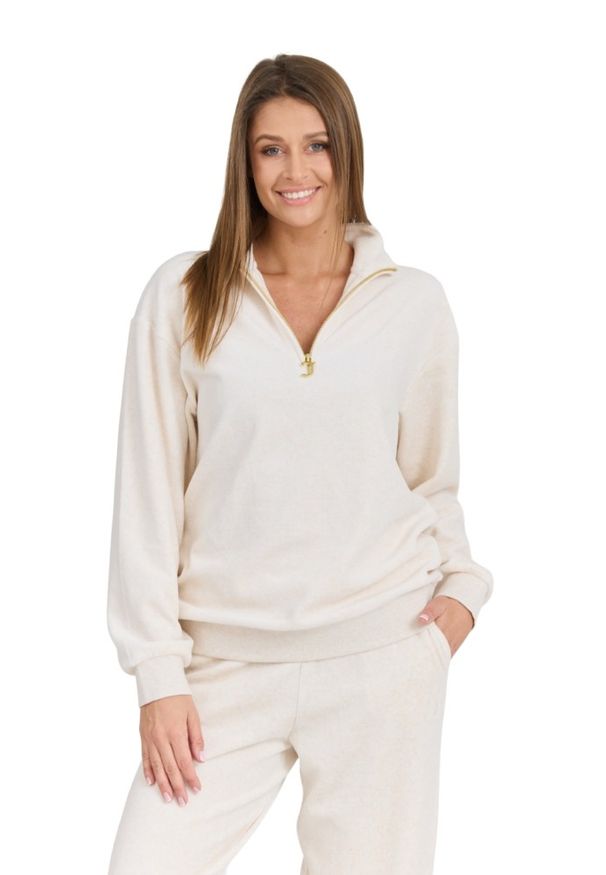 Juicy Couture - JUICY COUTURE Damska beżowa bluza Pete Pullover Gold. Okazja: na co dzień. Typ kołnierza: bez kaptura. Kolor: beżowy. Materiał: poliester, materiał, bawełna. Długość rękawa: długi rękaw. Długość: długie. Styl: elegancki, casual