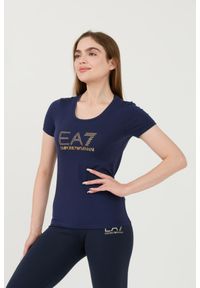 EA7 Emporio Armani - EA7 Granatowy damski t-shirt z cyrkoniami, Rozmiar M. Kolor: niebieski