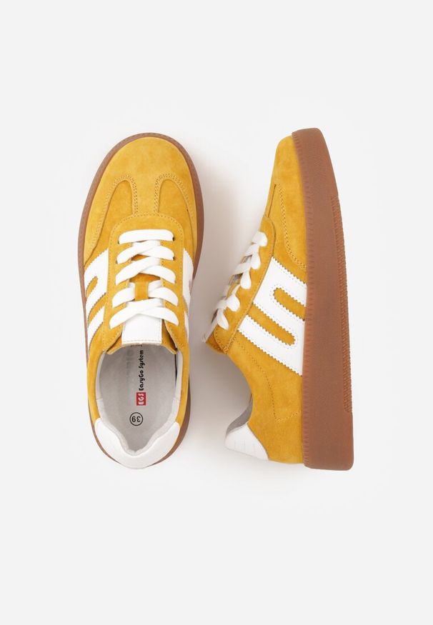 Renee - Żółte Sneakersy Skórzane w Stylu Tenisówek z Geometrycznym Wzorem Eshiryla. Okazja: na co dzień. Kolor: żółty. Materiał: skóra. Wzór: geometria