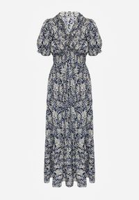 Renee - Granatowa Trapezowa Sukienka z Bawełny z Bufiastymi Rękawami Falbaną i Gumką w Talii Vimayana. Typ kołnierza: dekolt w kształcie V. Kolor: niebieski. Materiał: bawełna. Typ sukienki: trapezowe #5