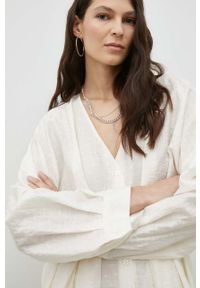 Samsoe & Samsoe - Samsoe Samsoe sukienka kolor beżowy mini rozkloszowana. Kolor: beżowy. Materiał: tkanina, jedwab, materiał, lyocell. Długość rękawa: długi rękaw. Typ sukienki: rozkloszowane. Długość: mini #2