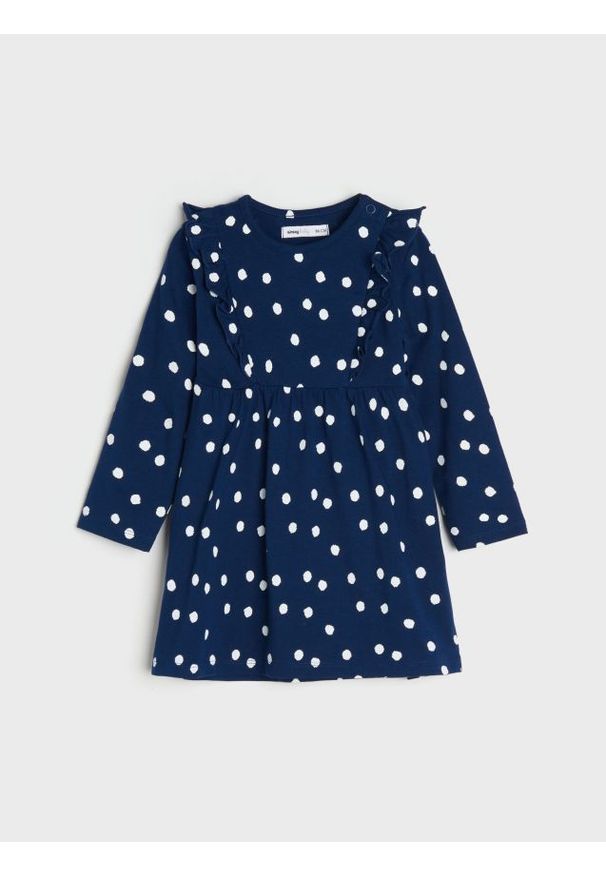 Sinsay - Sukienka z falbanami - granatowy. Kolor: niebieski. Materiał: bawełna. Typ sukienki: proste