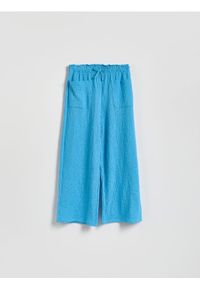 Reserved - Strukturalne spodnie z wiązaniem - niebieski. Kolor: niebieski. Materiał: dzianina, bawełna #1
