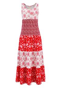 Długa sukienka bawełniana z dżerseju bonprix truskawkowy z nadrukiem. Kolor: czerwony. Materiał: bawełna, jersey. Wzór: nadruk. Długość: maxi #1