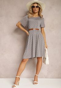 Renee - Niebiesko-Beżowa Sukienka Mini z Wiskozy z Rozkloszowanym Dołem Lontassa. Kolor: niebieski. Materiał: wiskoza. Sezon: lato. Długość: mini