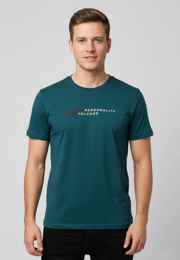 Volcano - Bawełniana koszulka T-SUBI. Kolor: turkusowy. Materiał: bawełna. Długość rękawa: krótki rękaw. Długość: krótkie. Wzór: napisy, nadruk. Styl: klasyczny