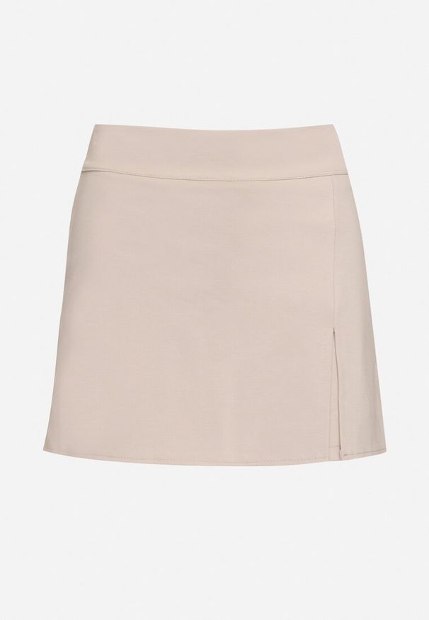 Born2be - Ciemnobeżowe Spódnico-Szorty z Dodatkiem Bawełny Ozdobione Wycięciem Savetta. Kolor: beżowy. Materiał: bawełna. Wzór: aplikacja. Styl: elegancki, klasyczny