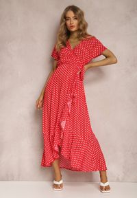 Renee - Czerwona Sukienka Boliphise. Kolor: czerwony. Materiał: tkanina. Długość rękawa: krótki rękaw. Wzór: kropki. Typ sukienki: kopertowe. Styl: klasyczny #1
