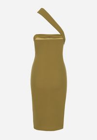 Born2be - Jasnozielona Dopasowana Sukienka z Asymetrycznym Dekoltem i Rozcięciem na Nogę Ersenllia. Okazja: na imprezę. Kolor: zielony. Typ sukienki: asymetryczne. Styl: wizytowy, elegancki #2