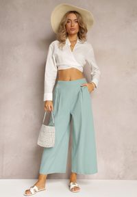 Renee - Niebieskie Szerokie Spodnie z Gumką w Pasie Vithan. Kolor: niebieski. Materiał: bawełna, tkanina #4