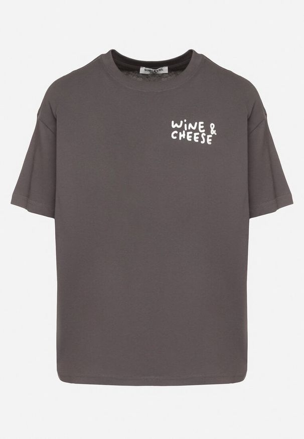 Born2be - Ciemnoszary Bawełniany T-shirt z Ozdobnym Nadrukiem Addlessa. Okazja: na co dzień. Kolor: szary. Materiał: bawełna. Wzór: nadruk. Styl: klasyczny, casual