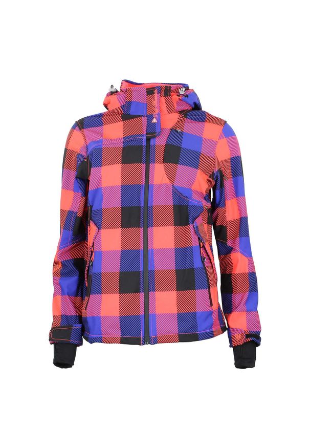 PEAK MOUNTAIN - Damska kurtka softshellowa z nadrukiem Peak Mountain Aveny. Kolor: niebieski, pomarańczowy, wielokolorowy. Wzór: nadruk. Sezon: zima. Sport: narciarstwo