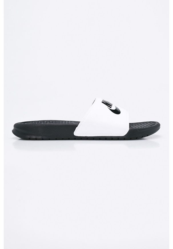 Nike Sportswear - Klapki Benassi Just Do It. Kolor: biały. Materiał: syntetyk, materiał. Wzór: gładki. Obcas: na obcasie. Wysokość obcasa: średni