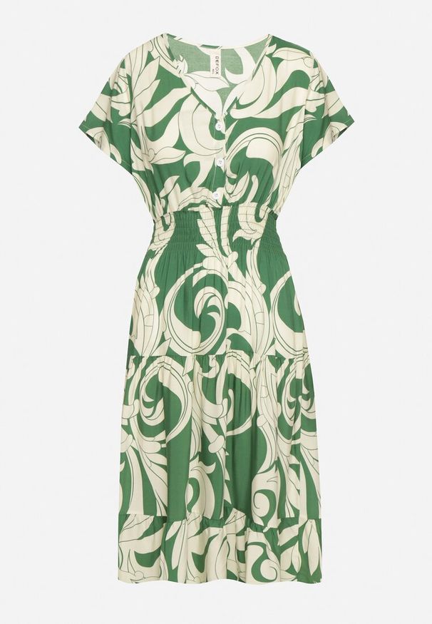 Born2be - Zielona Sukienka z Bawełny Ozdobiona Guzikami i Geometrycznym Wzorem Talissea. Okazja: na co dzień. Typ kołnierza: dekolt w kształcie V. Kolor: zielony. Materiał: bawełna. Wzór: geometria, aplikacja. Sezon: lato. Styl: casual