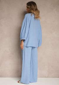 Renee - Niebieski Bawełniany Komplet Muślinowy Oversize z Koszulą i Szerokimi Spodniami Ziorina. Kolor: niebieski. Materiał: bawełna. Wzór: aplikacja #5