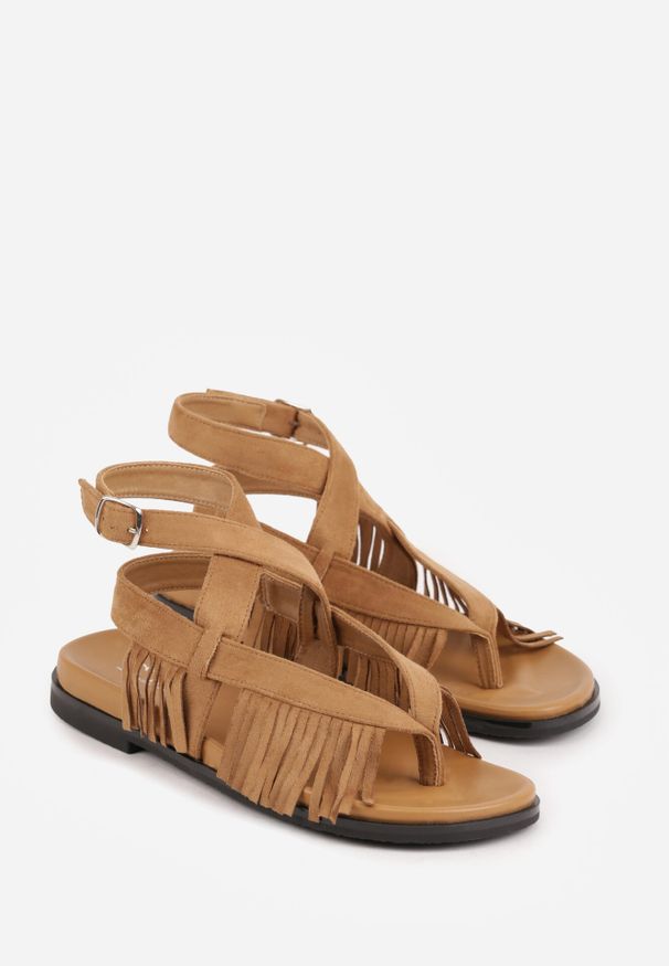 Born2be - Ciemnobeżowe Sandały w Stylu Rzymianek z Frędzlami Lysoph. Okazja: na co dzień. Zapięcie: sprzączka. Kolor: beżowy. Materiał: jeans. Styl: boho, casual, elegancki