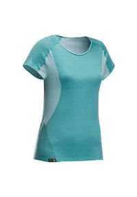 FORCLAZ - Koszulka damska trekkingowa z krótkim rękawem, Forclaz MT500, merino. Kolor: turkusowy, wielokolorowy, niebieski. Materiał: elastan, poliamid, wełna, materiał. Długość rękawa: krótki rękaw. Długość: krótkie