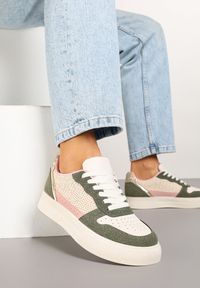 Renee - Beżowo-Zielone Sneakersy na Platformie Ozdobione Plecionką Perforacją i Brokatem Tulreia. Kolor: beżowy. Materiał: jeans. Wzór: aplikacja. Obcas: na platformie