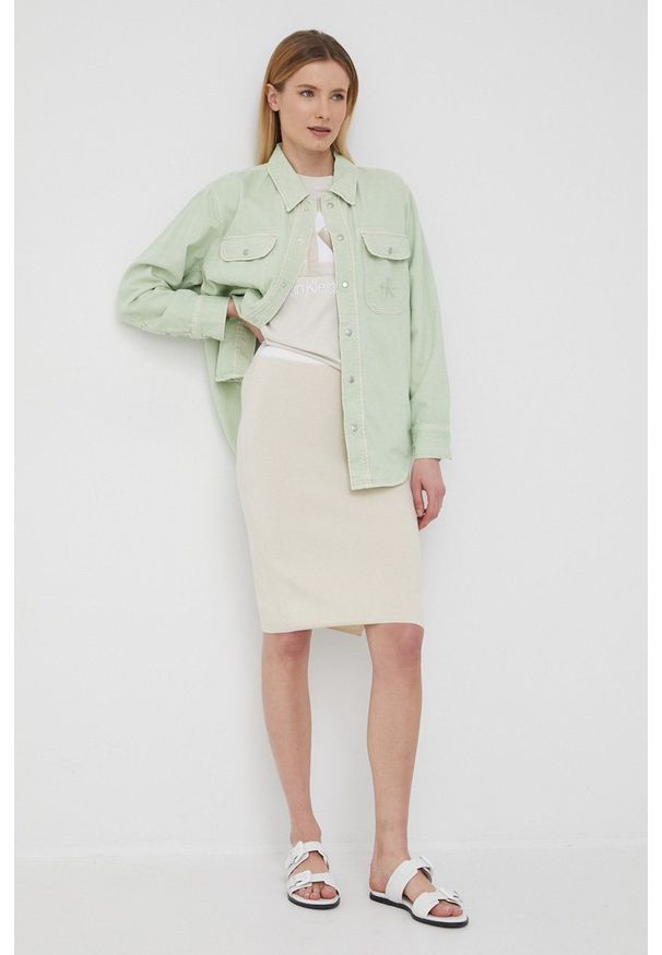 Calvin Klein Jeans spódnica kolor beżowy mini prosta. Okazja: na co dzień. Kolor: beżowy. Materiał: dzianina. Styl: casual