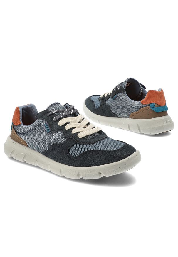 Granatowe Sneakersy Jeep Sportowe Obuwie Męskie. Okazja: na co dzień. Kolor: niebieski. Materiał: zamsz. Szerokość cholewki: normalna. Wzór: kolorowy. Sport: bieganie