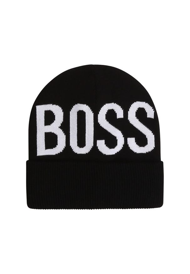 BOSS - Boss - Czapka dziecięca. Kolor: czarny. Materiał: wełna, bawełna, dzianina, poliamid, poliester. Wzór: nadruk