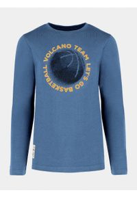 Volcano - Niebieska chłopięca koszulka z długim rękawem, z nadrukiem koszykówka L-BALL JUNIOR. Kolor: niebieski. Materiał: dresówka, materiał, włókno, bawełna. Długość rękawa: długi rękaw. Długość: długie. Wzór: nadruk. Styl: klasyczny, sportowy #1