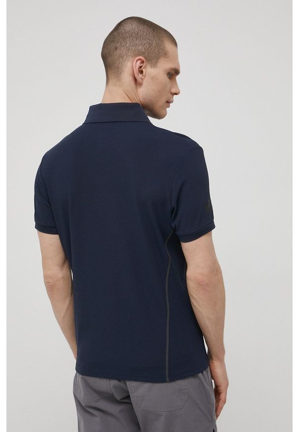 Helly Hansen polo męski kolor granatowy z nadrukiem. Typ kołnierza: polo. Kolor: niebieski. Materiał: materiał, bawełna, dzianina. Długość: krótkie. Wzór: nadruk